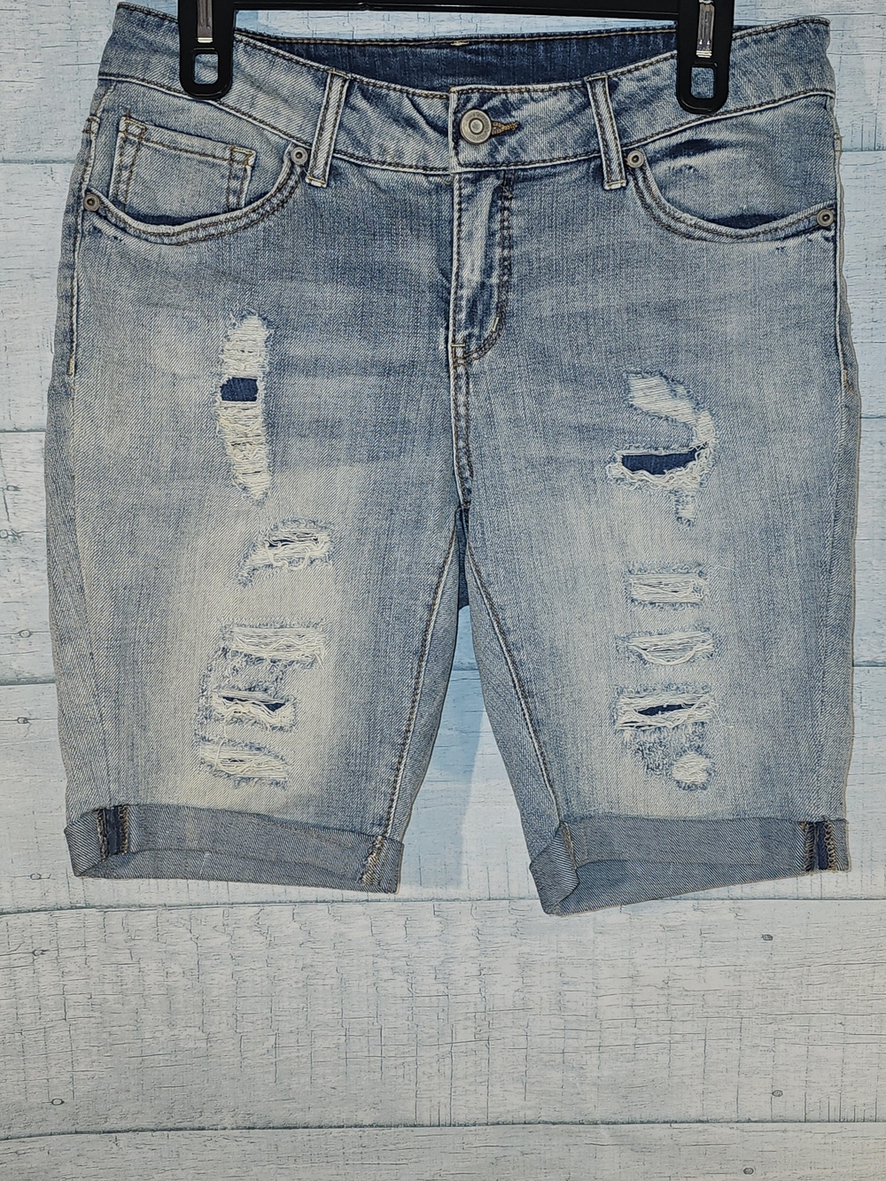 Time and Tru Distressed Light Blue Denim Bermuda Shorts